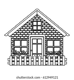 silhouette comfortable facade house with garden and wooden fence vector illustration