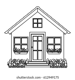 silhouette comfortable facade house with garden vector illustration