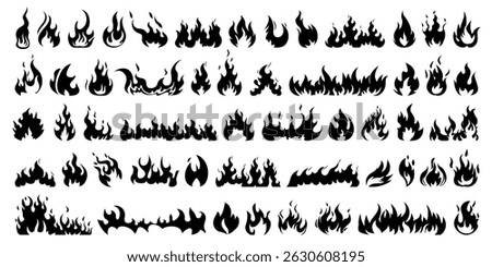 Silhouette of comic fire flame, campfire smoke, hot fireball or bonfire spark and burning wildfire pattern. Energy or power symbol. Fire blaze explosion logo or fireworks icon. Flaming tattoo element.