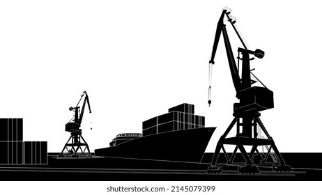 Silhouette commercial port with container ship at the pier and cargo cranes. Vector illustration.