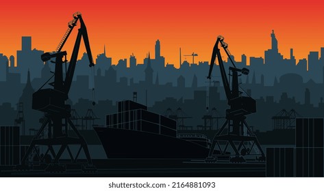 Silhouette commercial port with container ship at the pier and cargo cranes, city skyline on background with sunset sky. Cityscape and cargo port with cranes. Vector illustration.