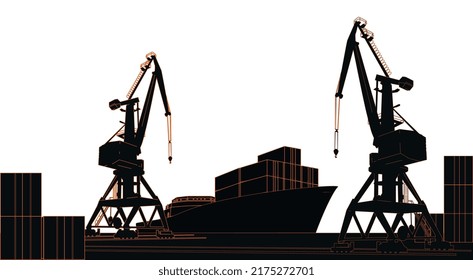 Silhouette commercial port with container ship at the pier and cargo cranes isolated on white background. Vector illustration.