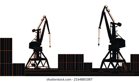 Silhouette commercial port with containers and cargo cranes isolated on white background. Vector illustration.