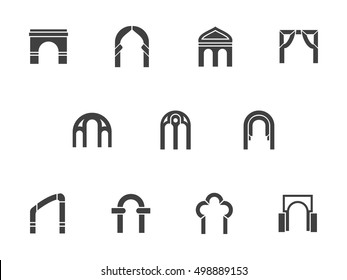 Silhouette of common shapes and types arches. Architectural elements. Set symbolic black monochrome design vector icon