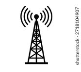 Silhouette of Communication Tower with Signal Waves – Black and White Connectivity Icon