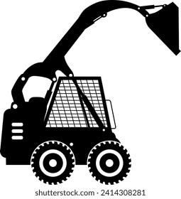 Silhouette of Compact Skid Steer Loader with Bucket and Wheels Icon in Flat Style. Vector Illustration