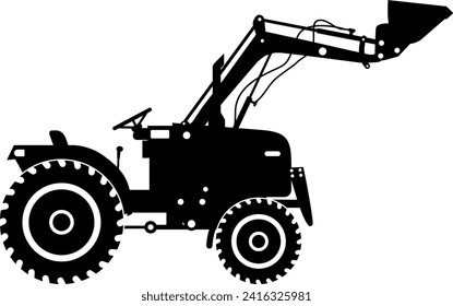 Silhouette of Compact Skid Steer Loader with Bucket and Wheels Icon in Flat Style. Vector Illustration