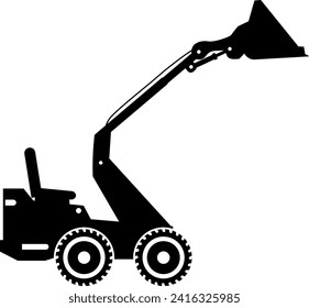 Silhouette of Compact Skid Steer Loader with Bucket and Wheels Icon in Flat Style. Vector Illustration