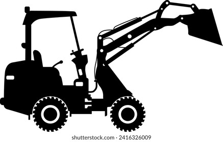 Silhouette of Compact Skid Steer Loader with Bucket and Wheels Icon in Flat Style. Vector Illustration
