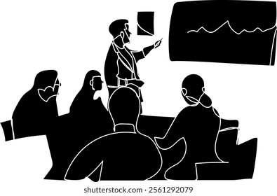 Silhouette of Company Leader Leading a Business Meeting with Managers, Speaking, Using TV Presentation with Statistics, and Growth Charts