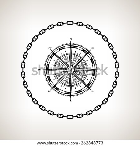 Silhouette compass rose, wind rose in the circle of the chain on a light background,  black and white  vector illustration