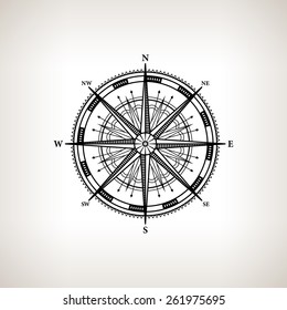 Silhouette compass rose, wind rose on a light background,  black and white  vector illustration