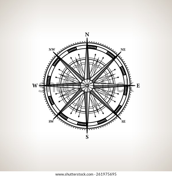 Silhouette compass rose, wind rose on\
a light background,  black and white  vector\
illustration