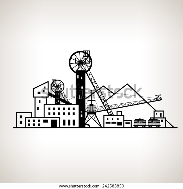 Silhouette complex industrial facilities\
with spoil tip and with rail cars, coal mine on the light\
background, black and white  vector\
illustration