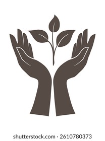 Silhouette composition.  Hands of a man holding a sprout with leaves.