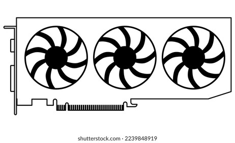 Silhouette of computer graphics card for pc with three fans isolated on white background. Vector clipart.