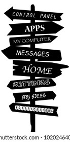 A silhouette of a computer menu signpost isolated on a white background