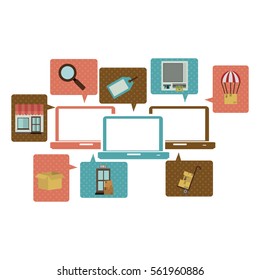 silhouette with computers and online commerce icons
