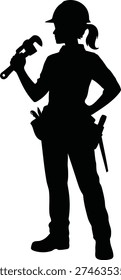 Silhouette of a confident female construction worker holding a wrench, conveying strength and professionalism in a modern industrial setting.