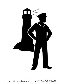Silhouette of a confident sailor captain standing with a guiding lighthouse