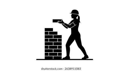 Silhouette: Confident Woman Bricklayer Lifting a Brick