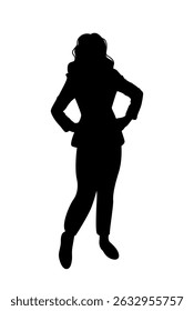 Silhouette of a confident woman standing with hands on hips, minimal graphic style, on a plain white background. Concept of empowerment and strength. Vector illustration