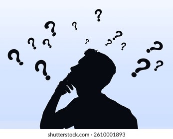 Silhouette of a confused man full of question marks on a bright blue gradient background