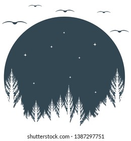 Silhouette of a coniferous forest against the starry sky. Template for creating a wildlife logo.