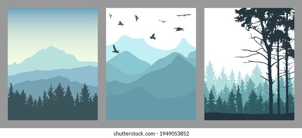 Silhouette of coniferous forest, mountains and flying birds. Set of vertical posters. Beautiful landscape, nature. Vector illustration