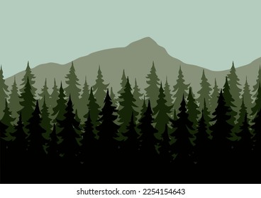 Silhouette of coniferous forest in mountains. Vector illustration