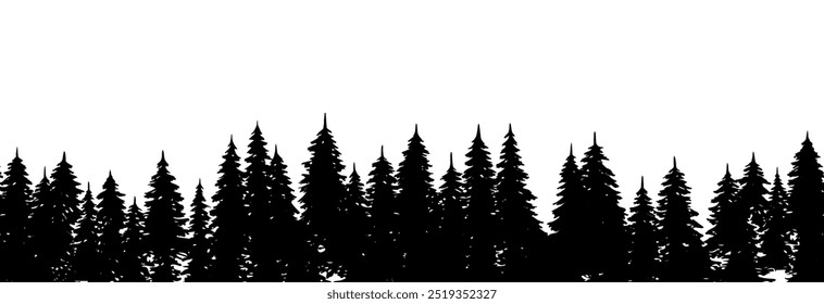 Silhouette of coniferous forest. Seamless horizontal forest landscape. Spruce trees on white background. Vector illustration.