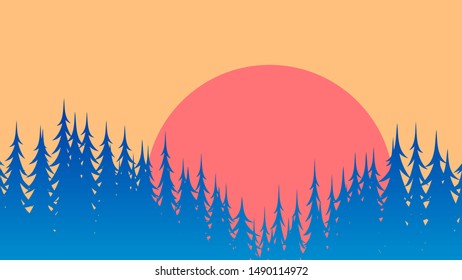 Silhouette of coniferous green forest against the background of a red sunset or sunrise. Vector illustration for background.