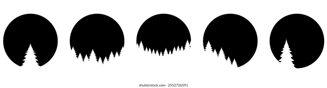 silhueta Abeto de coníferas da árvore de Natal com lua circular ou sol Abeto da Noruega ou pinheiros Douglas fir. floresta vetor ilustração