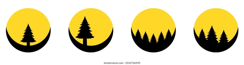 silueta Abeto conífero de árbol de Navidad con luna circular o sol Abeto noruego o abeto Douglas. bosque de pino Ilustración vectorial