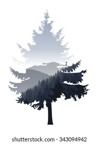 Silhouette of coniferous tree with panorama of grey mountains. Grey sky. 