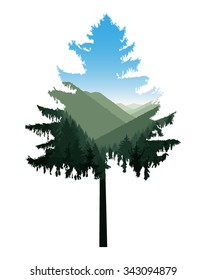 Silhouette of coniferous tree with panorama of mountains. Natural tones.