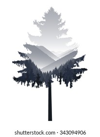 Silhouette of coniferous tree with panorama of mountains. Black and white tones. Sunset. Mist. 