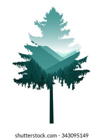 Silhouette of coniferous tree with panorama of  mountains. Aqua, teal tones.