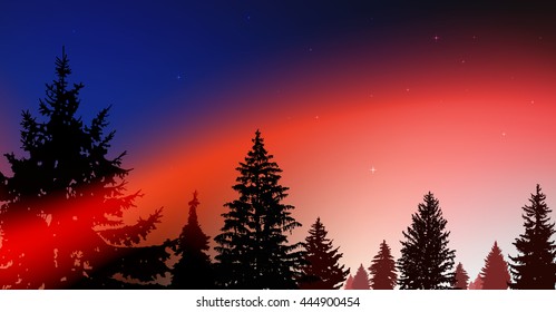 Silhouette of coniferous trees on the background of colorful sky.  Night. Northern lights. Blue and red tones.