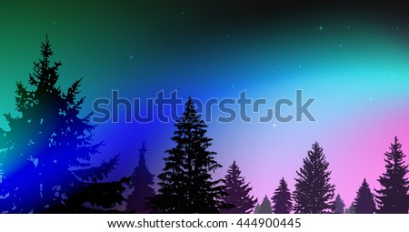 Silhouette of coniferous trees on the background of colorful sky.  Night. Northern lights. Blue, pink and turquoise tones.