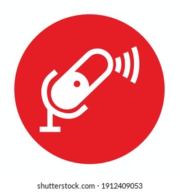 silhouette of connection microphone icon - connection microphone icon for broadcast or podcast sign isolated on red circle