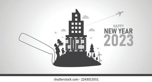 Silhouette of a construction building and sky for preparation of welcome 2023 New Year. Sustainable and eco-friendly concept. Concrete Grey Background. Vector cityscape. 