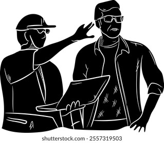 Silhouette of a construction chief giving instructions to his team