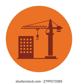 Silhouette of construction crane and building tower on orange background, industrial scene