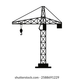 Silhouette of a construction crane in cartoon style on a white isolated background. Construction of skyscrapers and industrial buildings. Construction crane icon