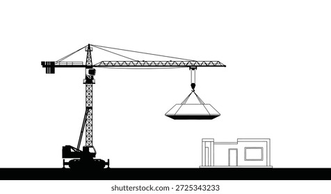 Silhouette of a construction crane lifting a module, with a building under construction. The scene depicts the construction process, showcasing the heavy machinery and industrial activity involved