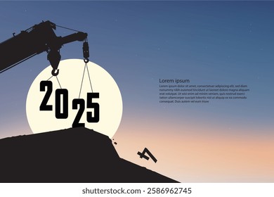 Silhouette of a construction crane lifting the numbers 2025 against a glowing full moon and sunset sky, symbolizing progress, new beginnings, and the future