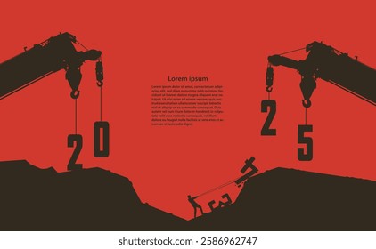 Silhouette of a construction crane lifting the numbers 2025 against a glowing full moon and sunset sky, symbolizing progress, new beginnings, and the future