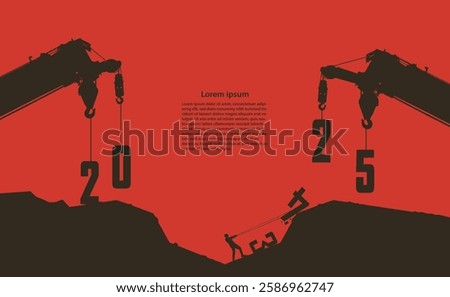 Silhouette of a construction crane lifting the numbers 2025 against a glowing full moon and sunset sky, symbolizing progress, new beginnings, and the future