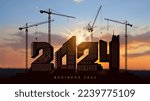 Silhouette construction cranes and houses in the form of numbers 2024. Large construction site, many construction cranes set vector numbers 2024. Construction team sets numbers for New Year 2024.